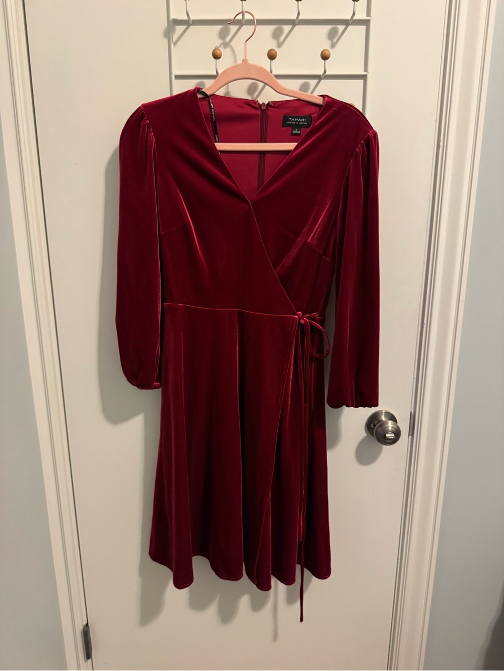 Tahari Deep Red Velvet Long-Sleeve Wrap Dress